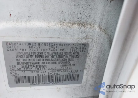 2018 Nissan Sentra S z USA, uszkodzony, nr VIN 3N1AB7AP4JY220996